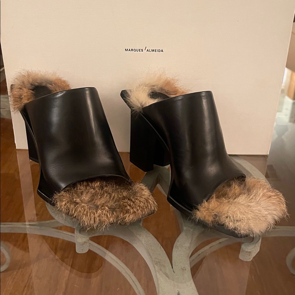 Marques Almeida Black Leather Mules with Brown Fur